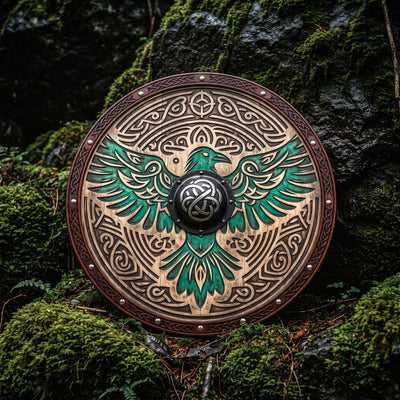 Huginn and Muninn Raven Viking Shield, Carved Wooden Wall Decor