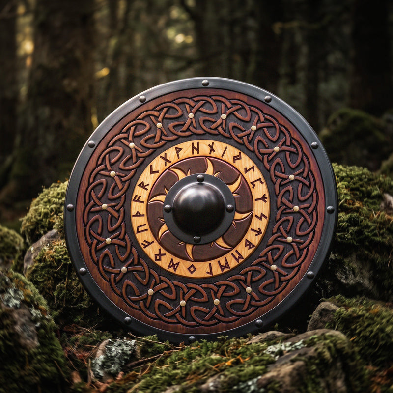 Sun Flare Viking Runes Shield, Hand Carved Celtic Knot Wooden Shield