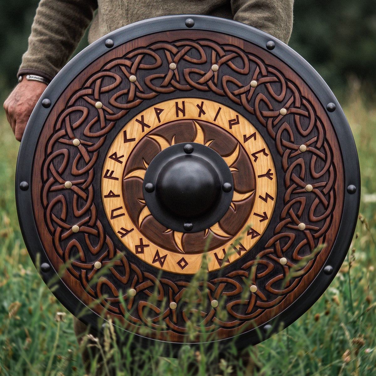 Sun Flare Viking Runes Shield, Hand Carved Celtic Knot Wooden Shield