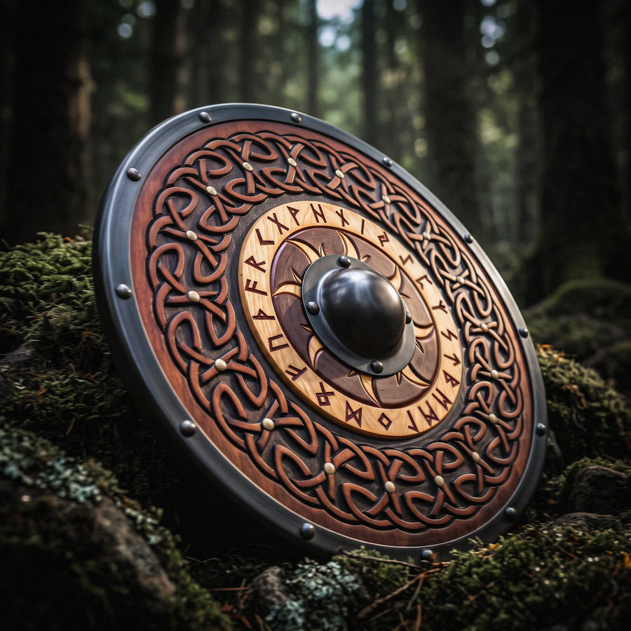 Sun Flare Viking Runes Shield, Hand Carved Celtic Knot Wooden Shield