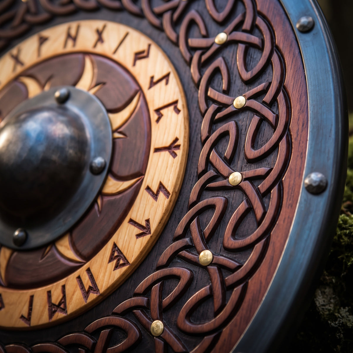 Sun Flare Viking Runes Shield, Hand Carved Celtic Knot Wooden Shield