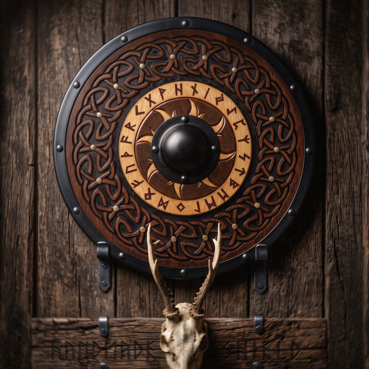 Sun Flare Viking Runes Shield, Hand Carved Celtic Knot Wooden Shield