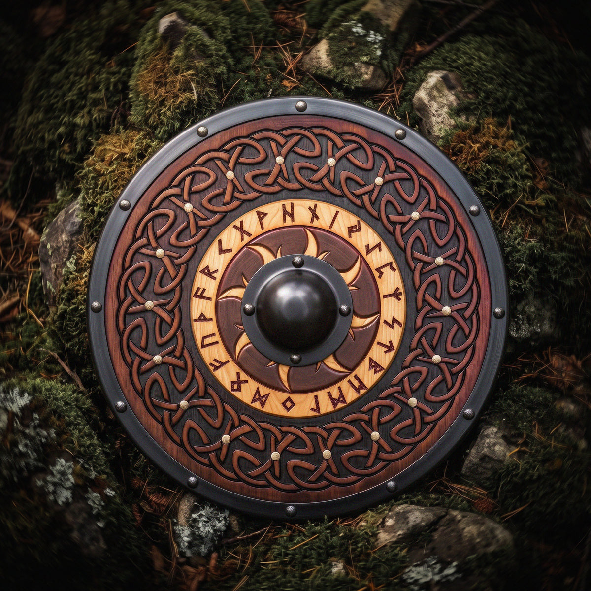 Sun Flare Viking Runes Shield, Hand Carved Celtic Knot Wooden Shield