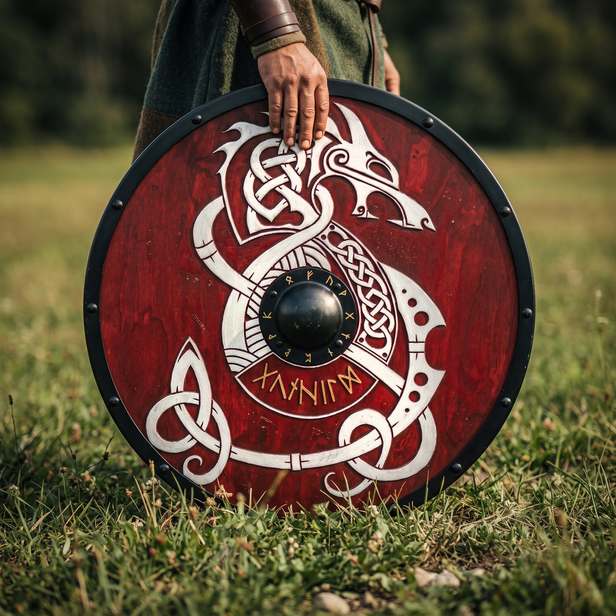 Fenrir Wolf Shield, Red Viking Rune Shield with Norse Knotwork Design
