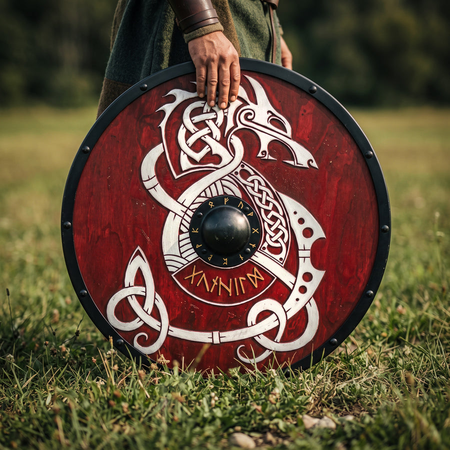 Fenrir Wolf Shield, Red Viking Rune Shield with Norse Knotwork Design