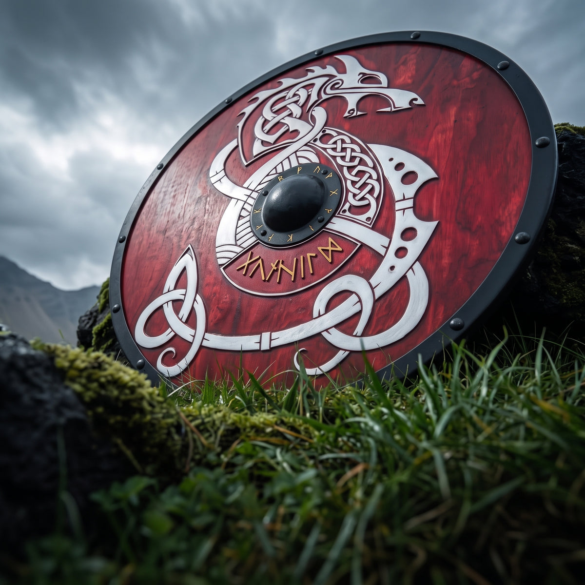 Fenrir Wolf Shield, Red Viking Rune Shield with Norse Knotwork Design