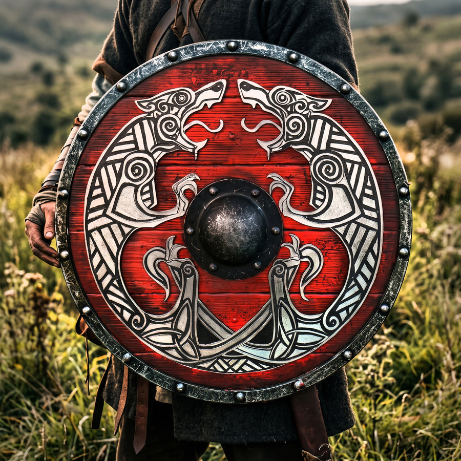 Viking Wall Decor Shield, Round Wooden with Norse Wolf Design