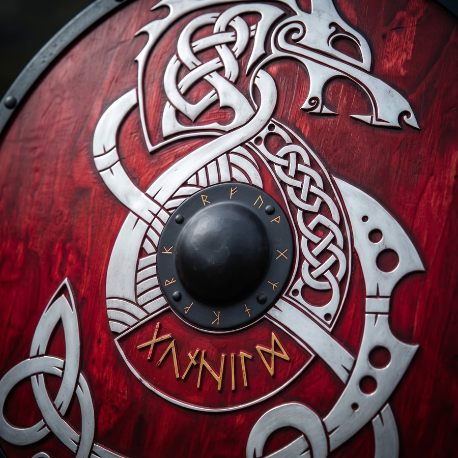 Fenrir Wolf Shield, Red Viking Rune Shield with Norse Knotwork Design