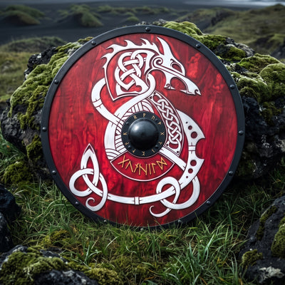 Fenrir Wolf Shield, Red Viking Rune Shield with Norse Knotwork Design