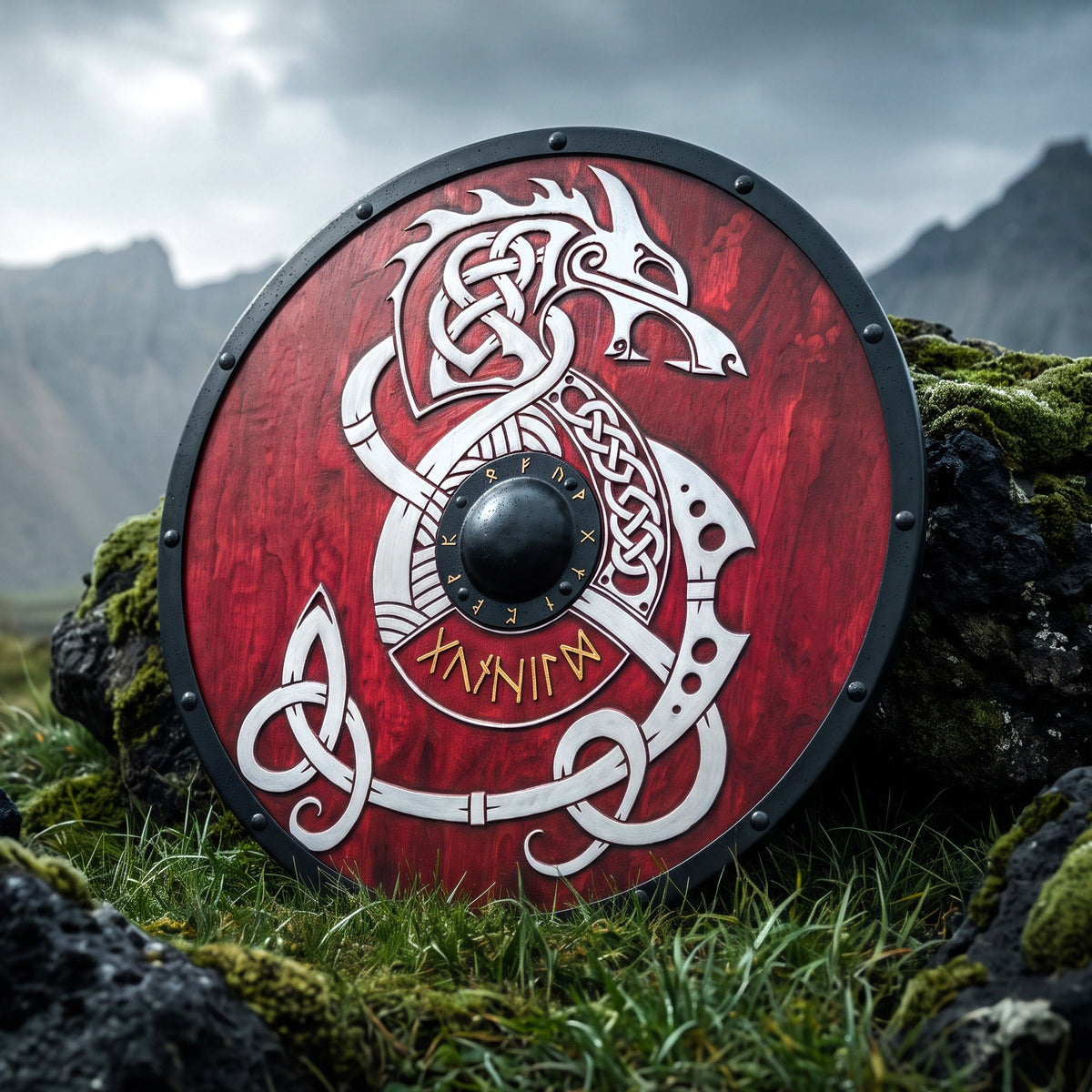 Fenrir Wolf Shield, Red Viking Rune Shield with Norse Knotwork Design