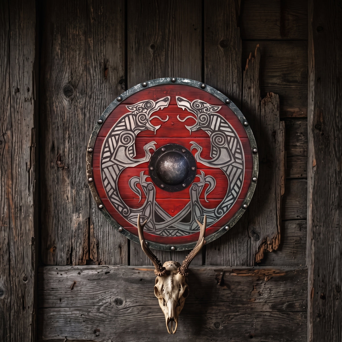 Viking Wall Decor Shield, Round Wooden with Norse Wolf Design