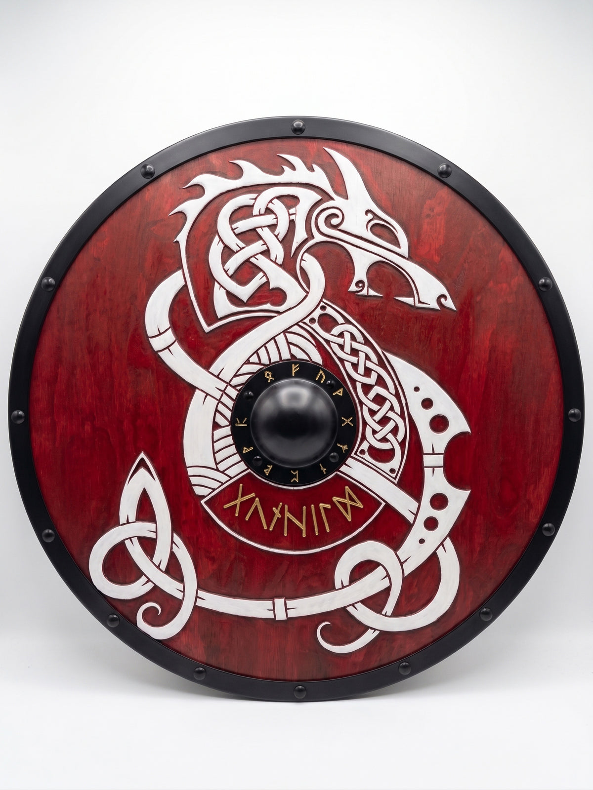 Fenrir Wolf Shield, Red Viking Rune Shield with Norse Knotwork Design