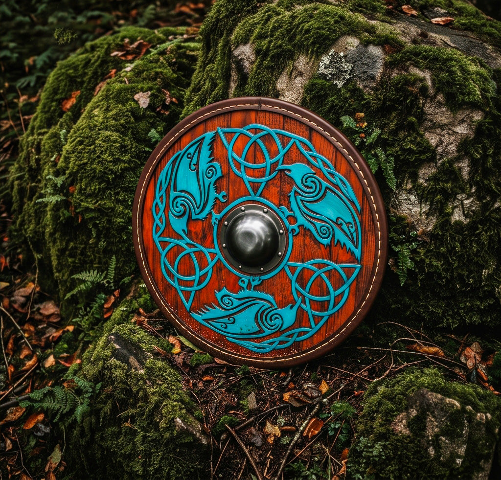Celtic Raven Shield Wall Decor, Carved Wooden Round Viking Shield