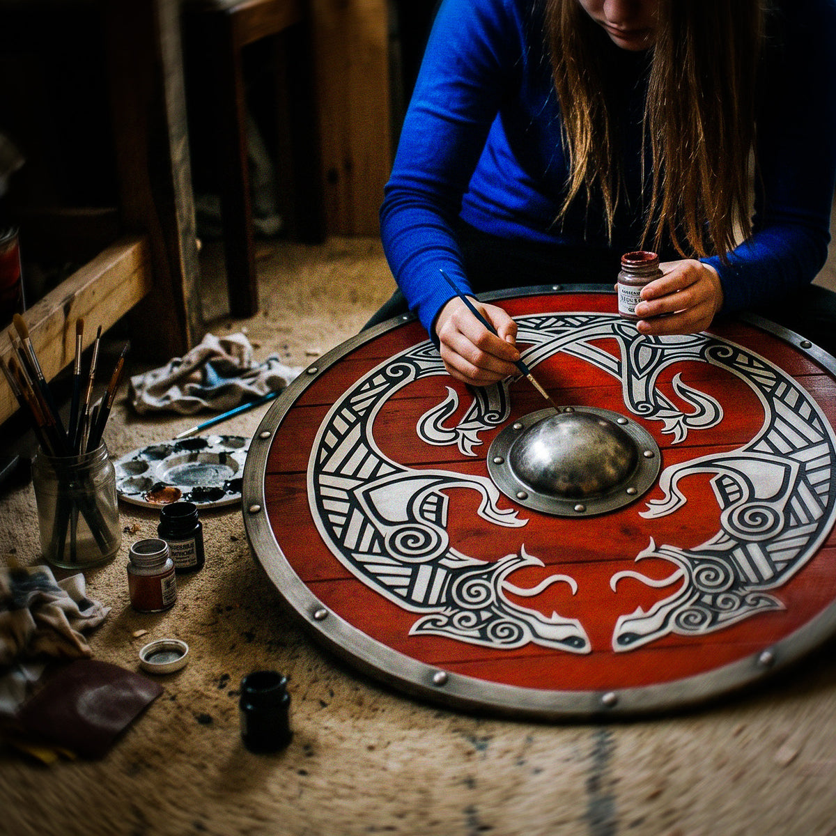 Viking Wall Decor Shield, Round Wooden with Norse Wolf Design