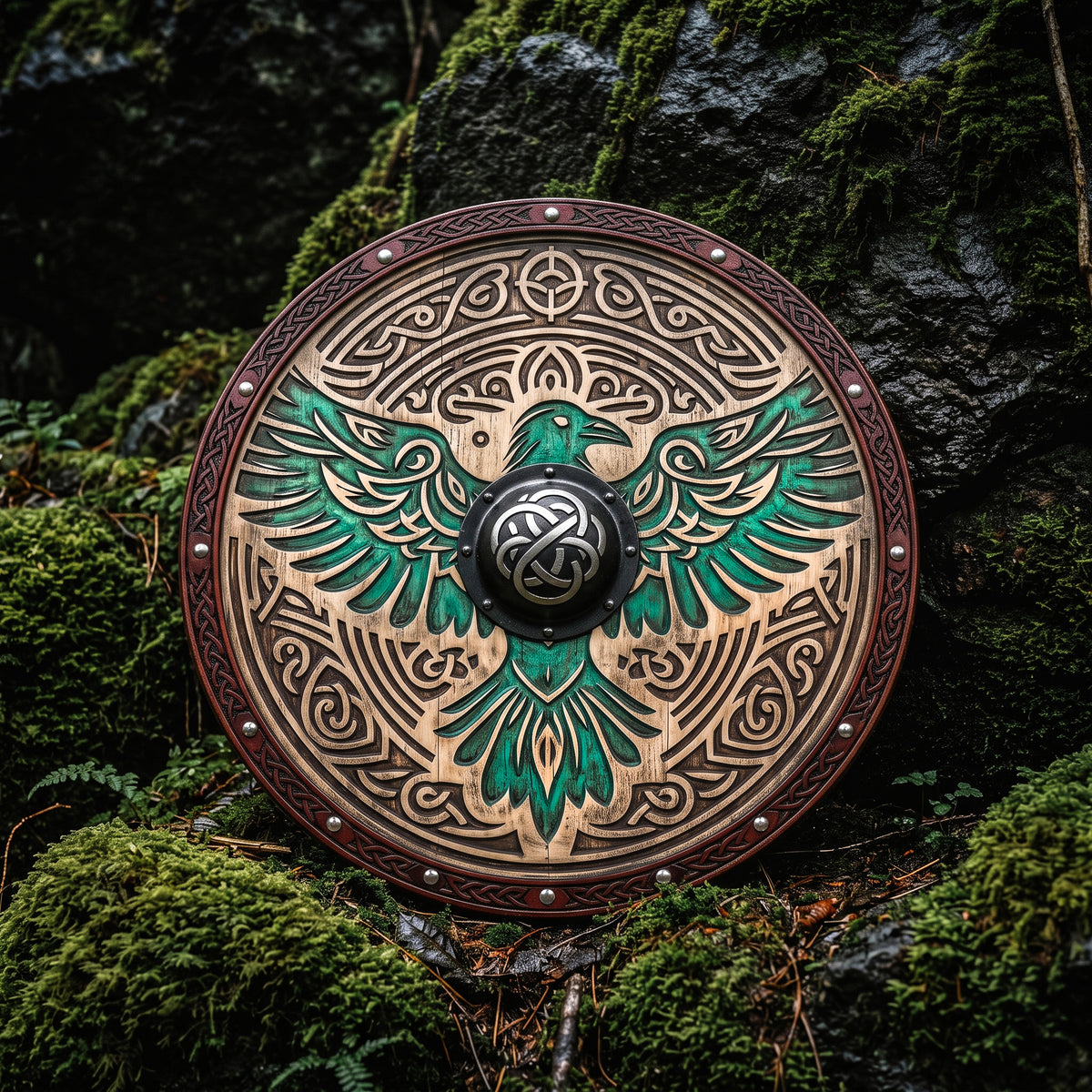 Huginn and Muninn Raven Viking Shield, Carved Wooden Wall Decor