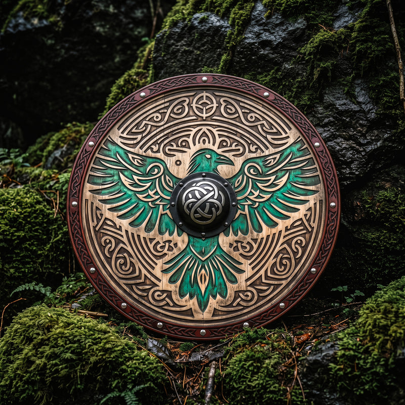 Huginn and Muninn Raven Viking Shield, Carved Wooden Wall Decor