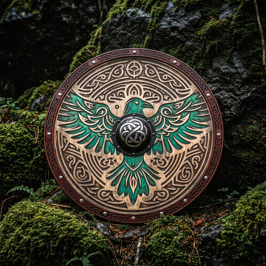Huginn and Muninn Raven Viking Shield, Carved Wooden Wall Decor
