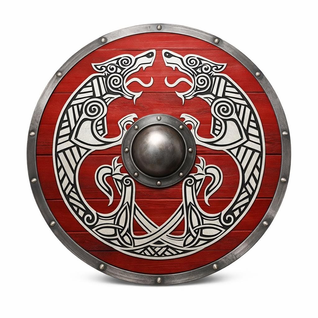 Viking Wall Decor Shield, Round Wooden with Norse Wolf Design