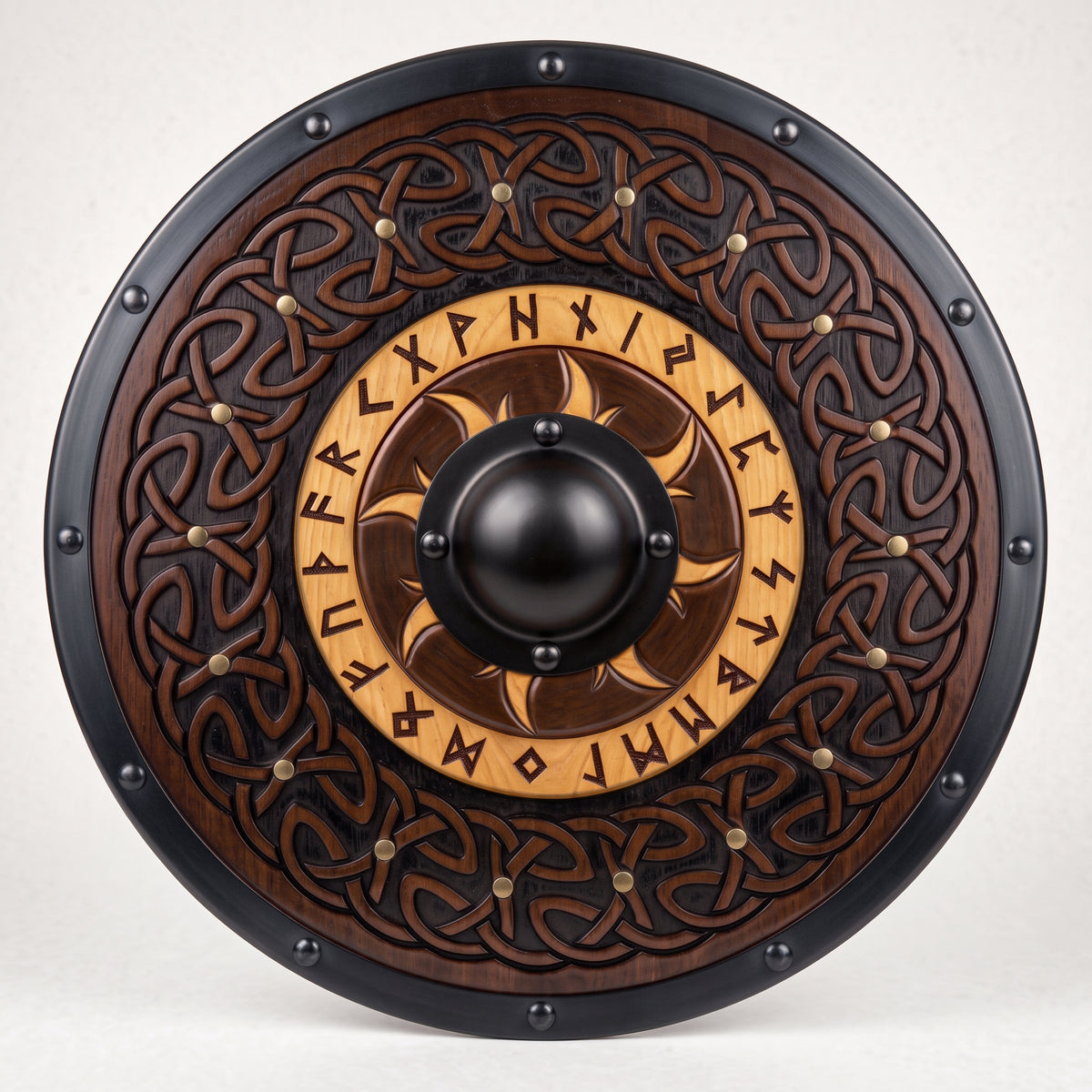 Sun Flare Viking Runes Shield, Hand Carved Celtic Knot Wooden Shield