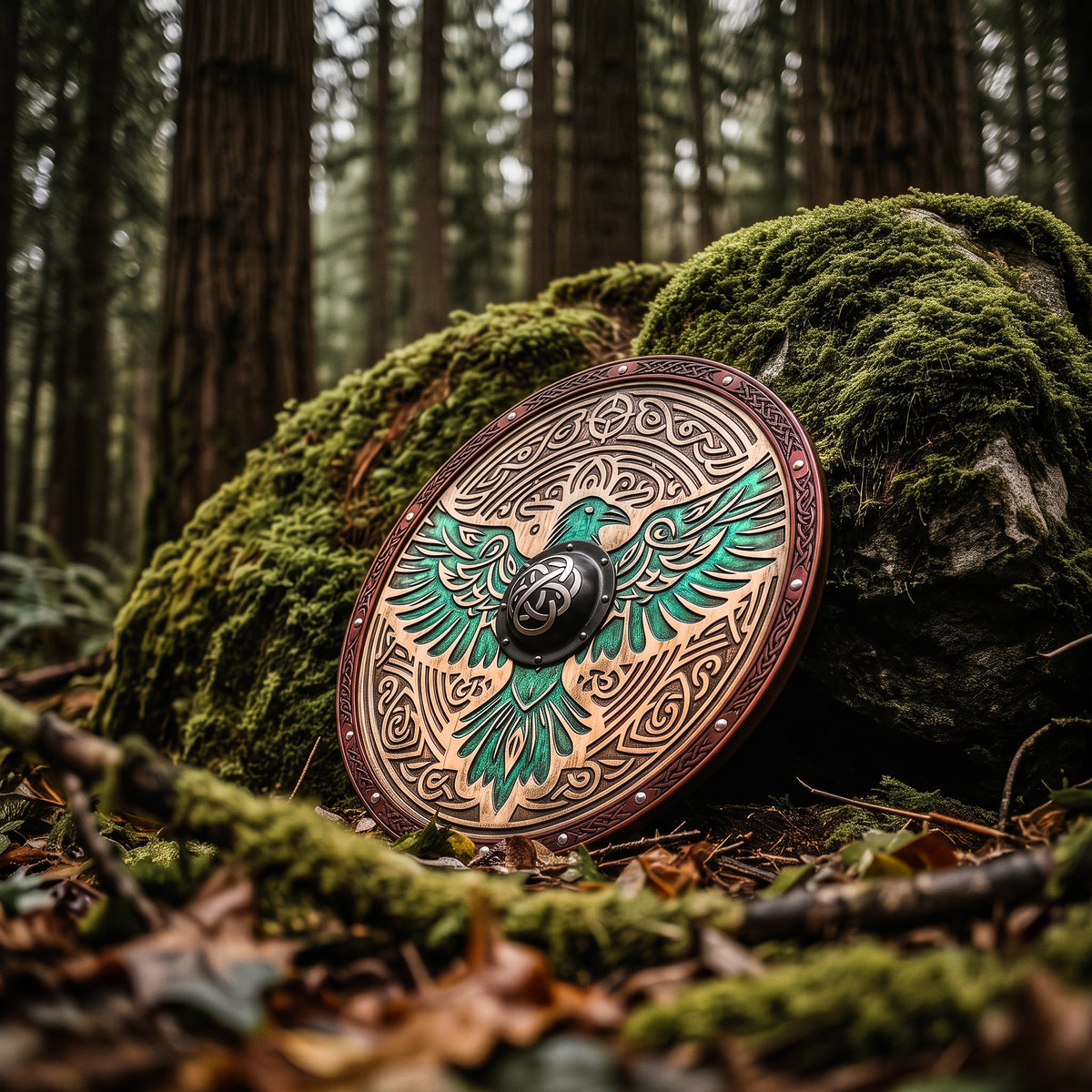 Huginn and Muninn Raven Viking Shield, Carved Wooden Wall Decor
