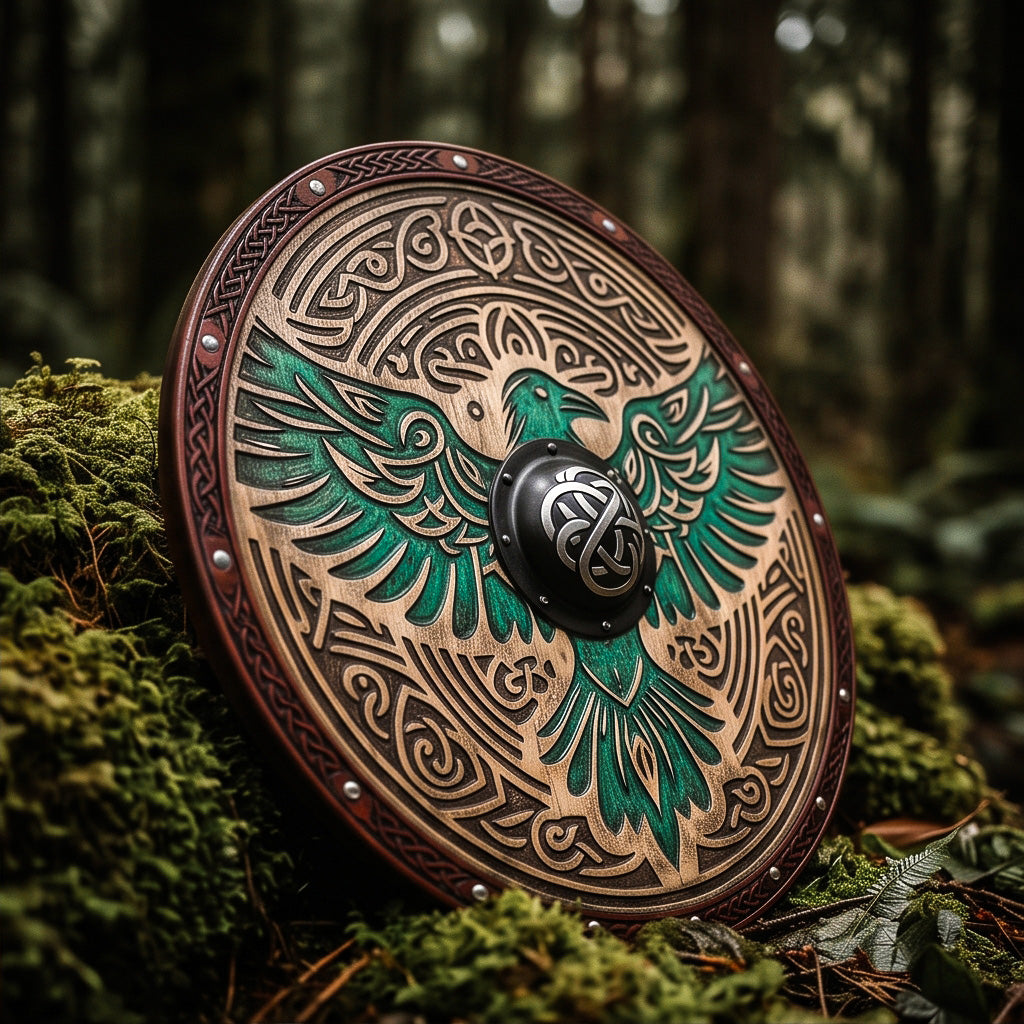 Huginn and Muninn Raven Viking Shield, Carved Wooden Wall Decor