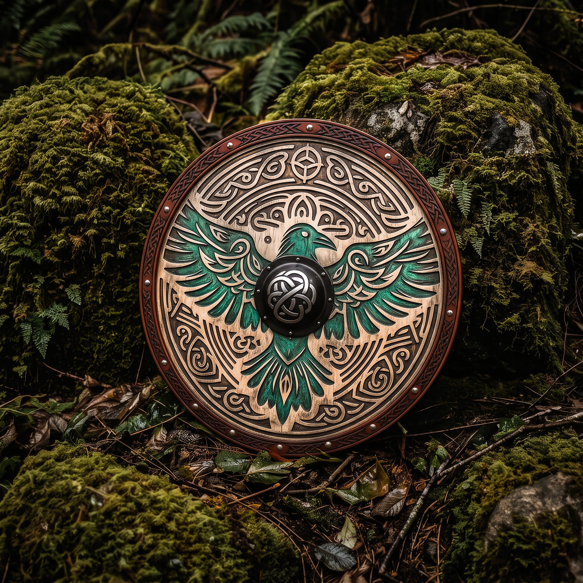 Huginn and Muninn Raven Viking Shield, Carved Wooden Wall Decor