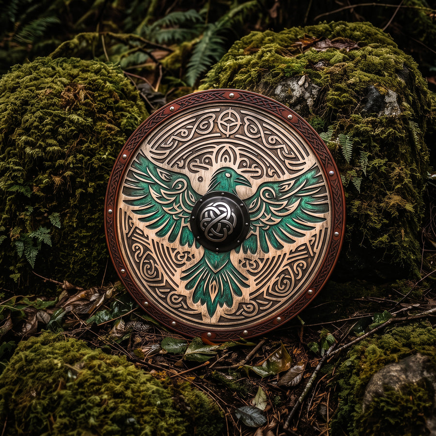 Huginn and Muninn Raven Viking Shield, Carved Wooden Wall Decor
