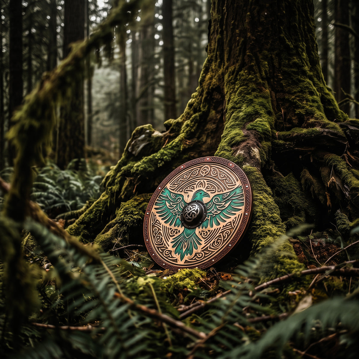 Huginn and Muninn Raven Viking Shield, Carved Wooden Wall Decor