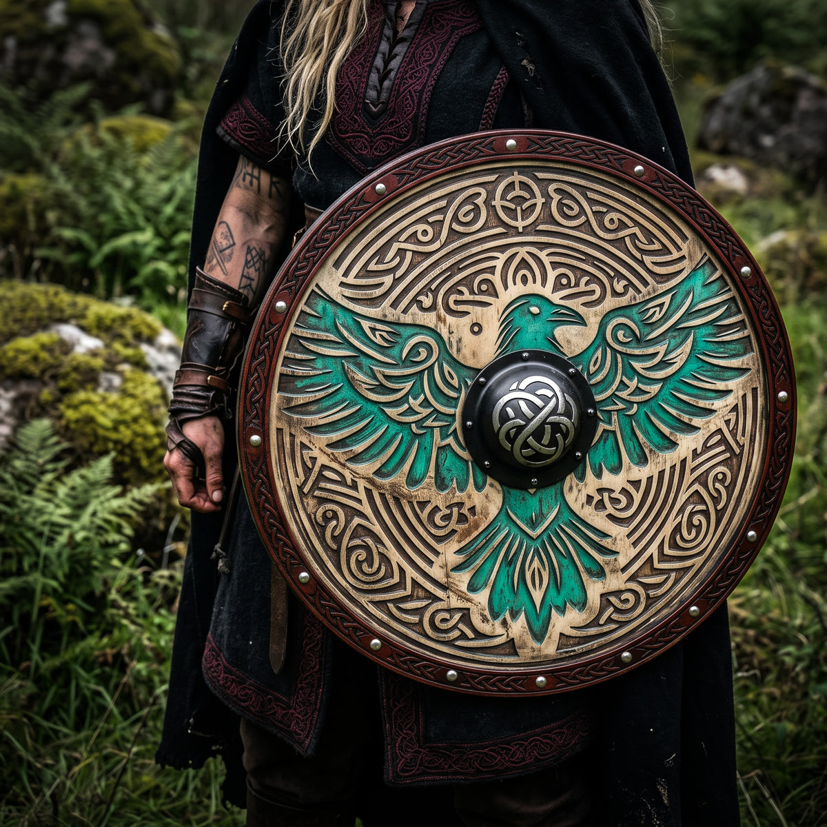 Huginn and Muninn Raven Viking Shield, Carved Wooden Wall Decor
