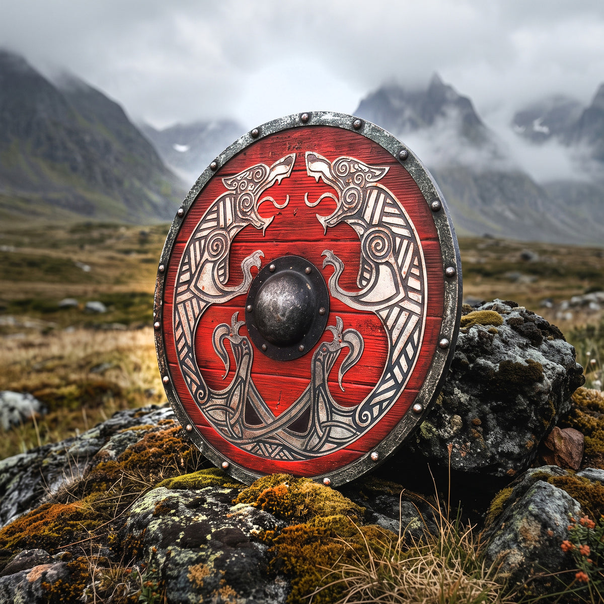 Viking Wall Decor Shield, Round Wooden with Norse Wolf Design