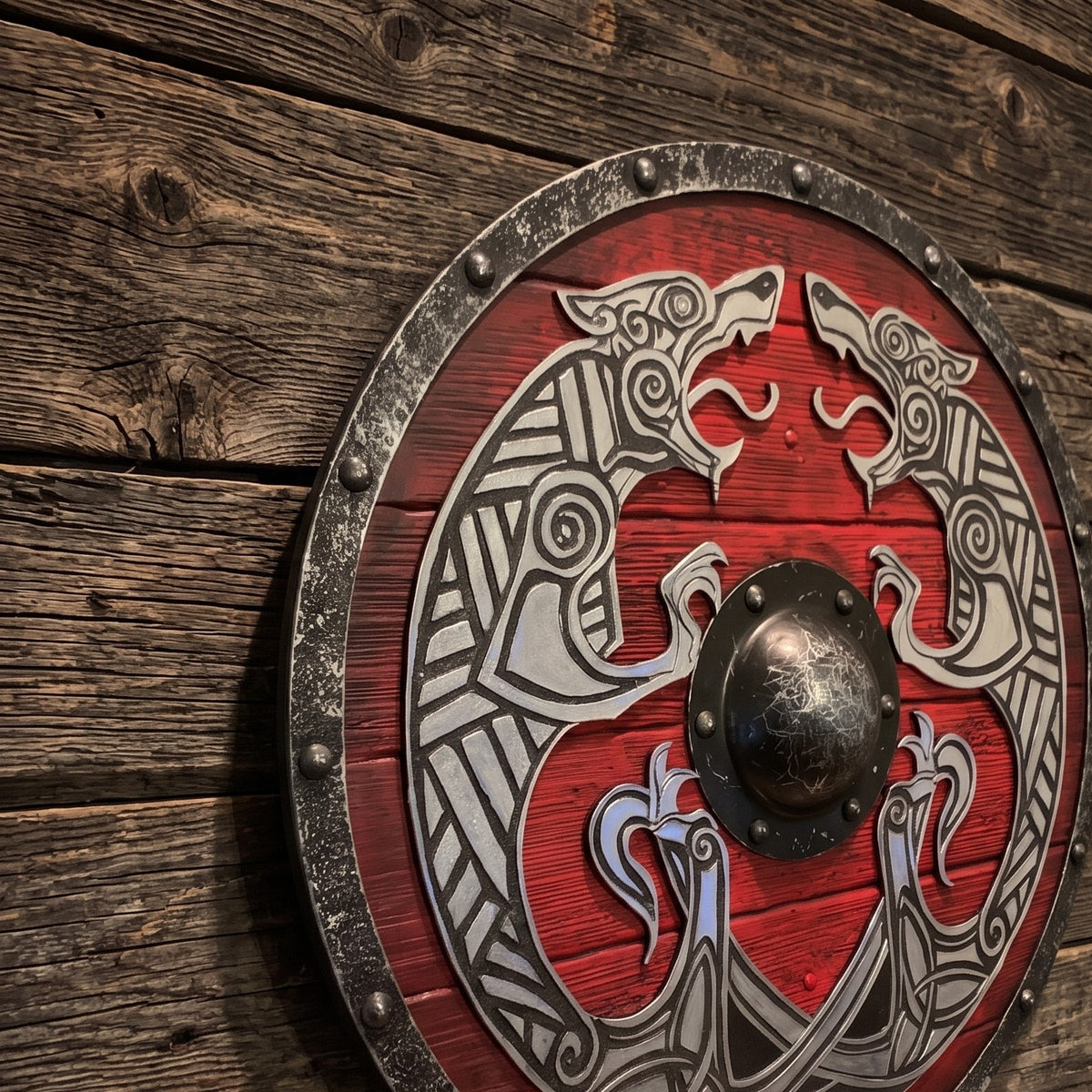 Viking Wall Decor Shield, Round Wooden with Norse Wolf Design