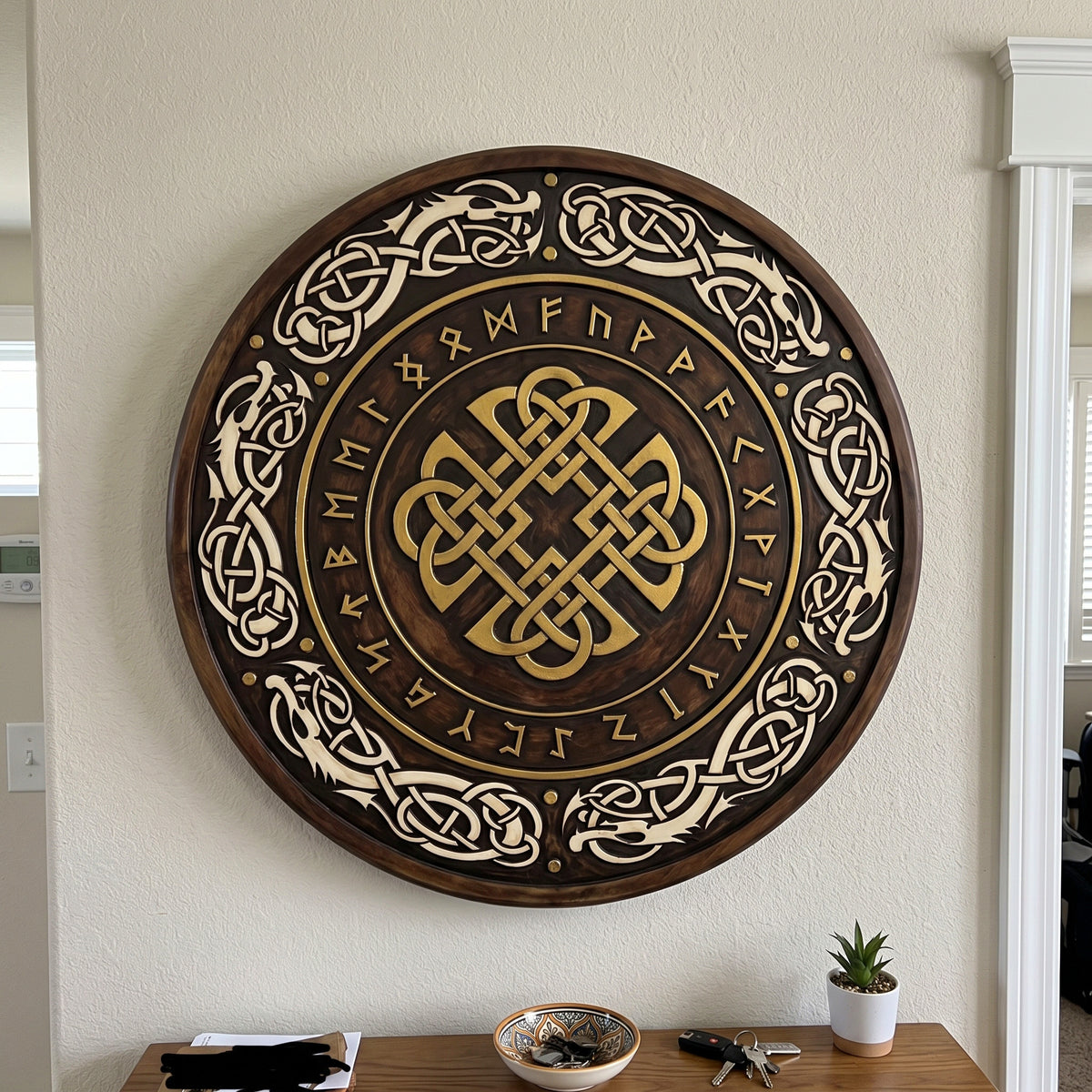 Handmade Viking Rune & Celtic Knot Wooden Shield Decor